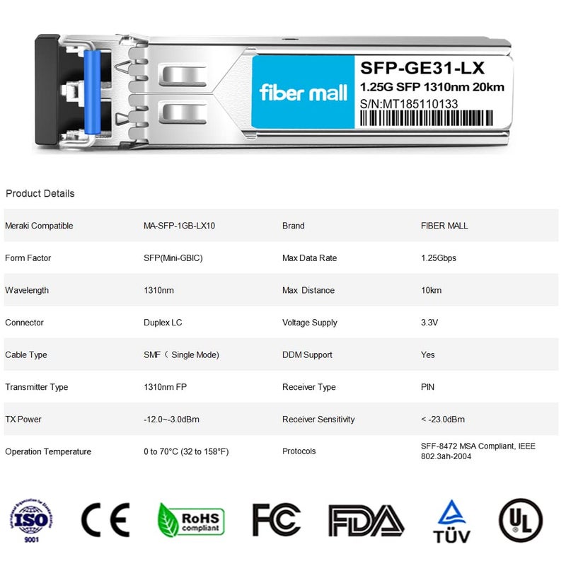 fiber mall 1G SFP LX for Cisco Meraki MA-SFP-1GB-LX10 MA-SFP-1GB-LX 1000BASE-LX/LH SFP Mini GBIC 1310nm 20km LC DOM Transceiver Module - Image 3
